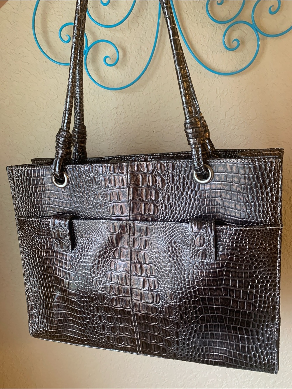 Vintage Wilson’s Leather Croc-Embossed Tote Bag in Dark Brown